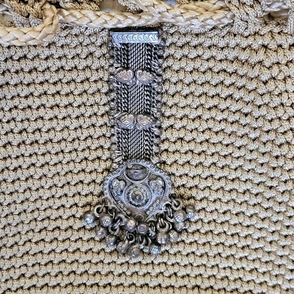 Varsha Patel Crochet Drawstring Crossbody Bag Braided Straps Aged Silver Detail - Picture 7 of 10